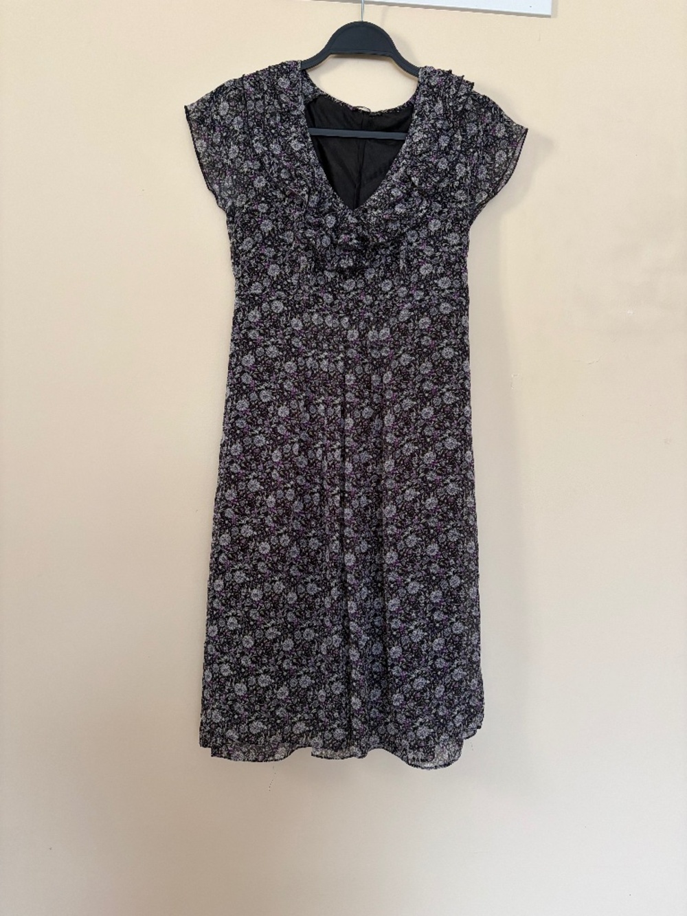 OODJI Black Purple Floral Print Dress – Flutter Sleeve – Lined